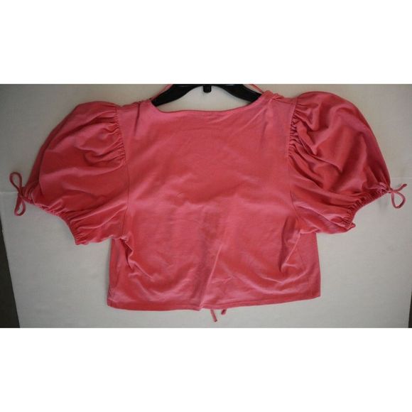 Free People OB1369457 Women's Sz L Velvet Rose Pink Kitty Tie Front Cropped Tee - Picture 7 of 8